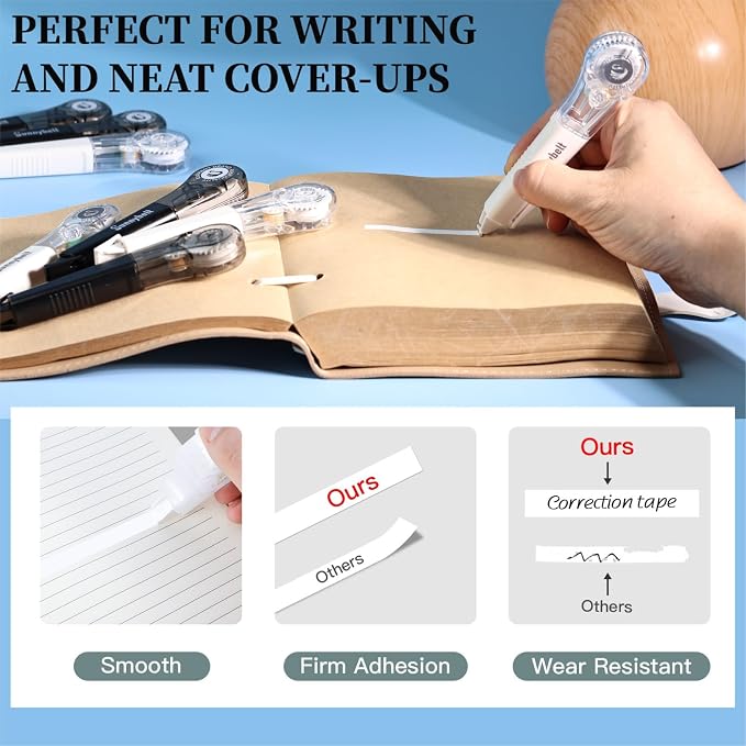 Correction Tape Pen, 10-Count Pack, 19.69ft Each, Dry Instantly, Stretch Resistant, not Easy to Break, as Smooth as Writing, Perfect for School, Office Supplies, Black White