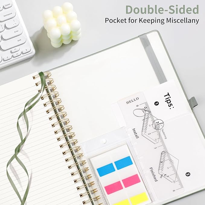 EMSHOI Lined Spiral Journal Notebook, 300 Numbered Pages, B5 (7.4"x10") | College Ruled, Leather Hardcover, 100 GSM Thick Paper, for School, Writing, Work, Office & Journaling (Light Green)