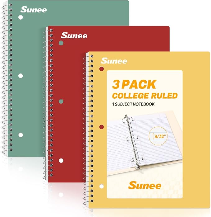 SUNEE Spiral Notebooks, 3 Pack, 1-Subject, College Ruled Paper, 8" x 10-1/2", 70 Sheets per Notebook, Assorted Colors Spiral Notebooks for School (Yellow, Red, Sage Green)