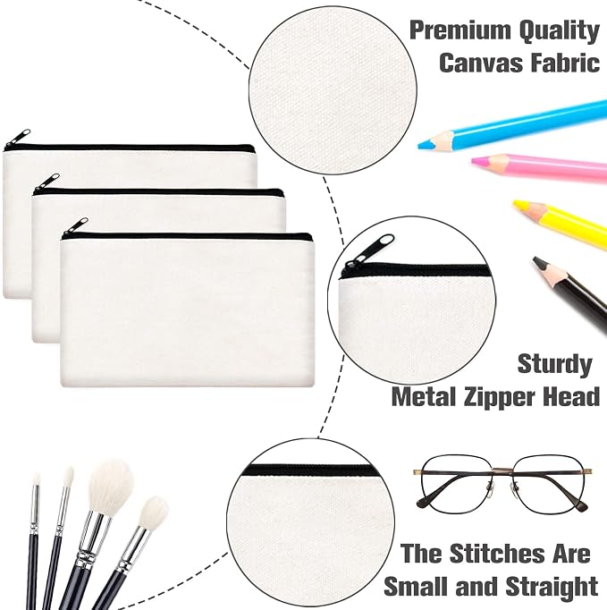 ZeeDix Canvas Zipper Pouch Bulk – 8.3 x 5 Inches Cotton Canvas Pouches with Zipper, Canvas Pencil Pouch, Makeup Bags Bulk for Travel Cosmetic Toiletry, Multipurpose Zipper Pouch for DIY Craft Storage