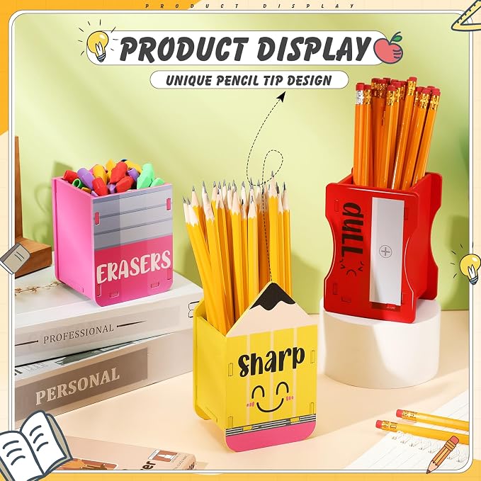 AmazingSpark 3 Pcs Pencil Shaped Holder Sharp and Eraser and Dull Holder Wooden Dispenser Pencil Storage Organizer for Back to School Management Organization (Bright,Erasers)