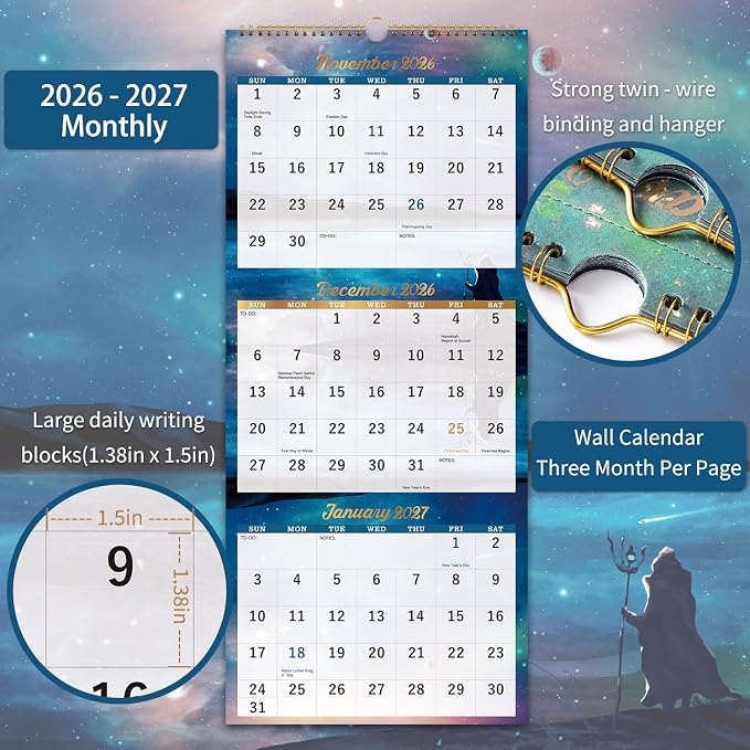 Calendar 2026-2027 - 3 Month Calendar, April 2026 - July 2027, 11"x 26" | 3 Month Wall Calendar Vertical Display (Folded in a Month), 2026-2027 Wall Calendar with Thick Paper, To-do & Notes - Green