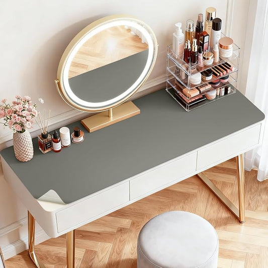 LovePads Makeup Mat for Vanity, 16 x 32 Dual-Sided Desk Pad & Vanity Cover Top, Waterproof PVC Protector Mat for Dresser, Nail Art, Craft Table (Dark Grey+Grey)