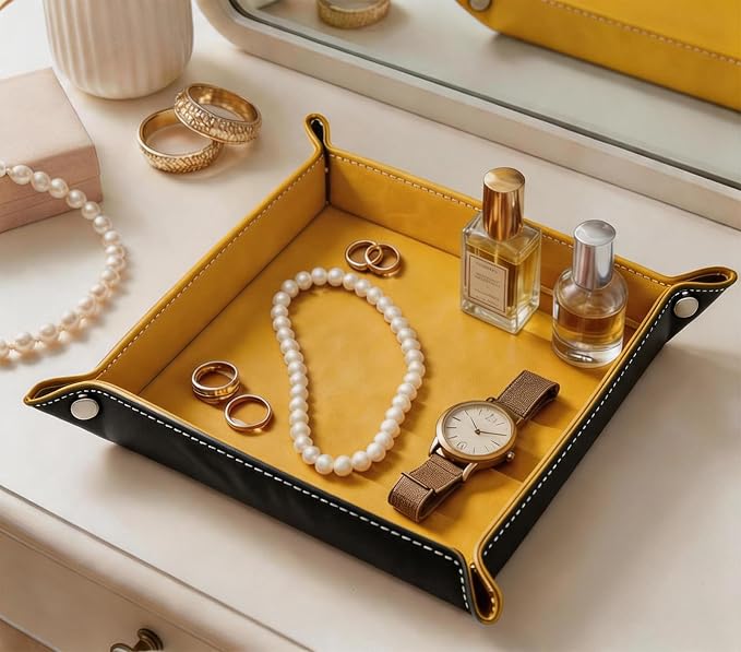 Valet Tray Desktop Storage Organizer – Vegan Leather Catchall Tray Bedside Vanity Tray Nightstand Caddy Holder for Remote Controller, Watch, Keys, Phone, Wallet, Coin, Jewelry, Yellow