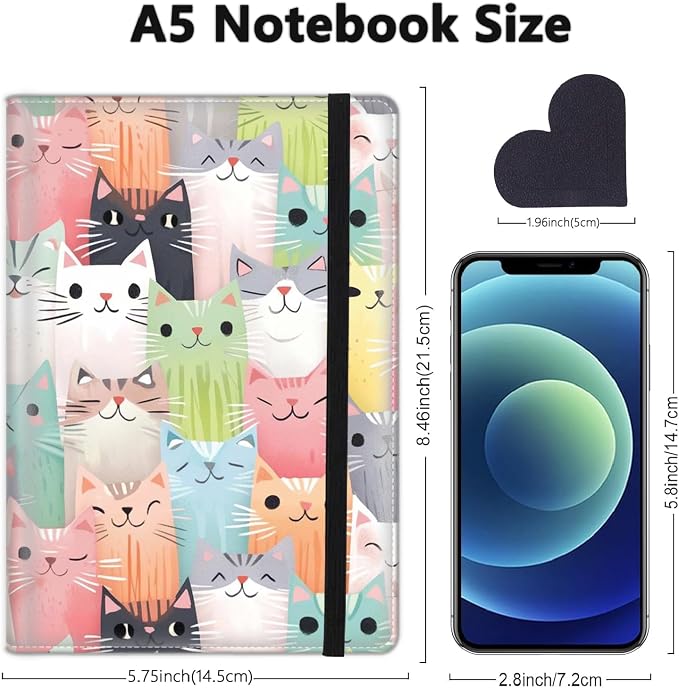A5 Leather Lined Journal Notebook, 200 Pages Hardcover Executive Notebook for Men Women Office School Note Taking, Thick Writing Paper Daily Journal with Bookmarks/Indexes, Cat Family