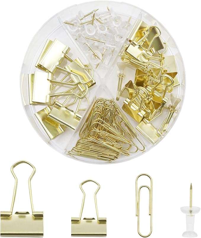 Office Supplies Set, Paper Clips, Push Pins and Binder Clips Set with Box for Office, School and Home(Gold)