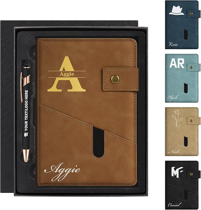 ENOMY Personalized Notebook & Pen Set PU Leather Custom A5 Notebook with Lock 200 Lined Paper Pages Luxury Gift Box for Men Women Travel College Business Gift, Brown