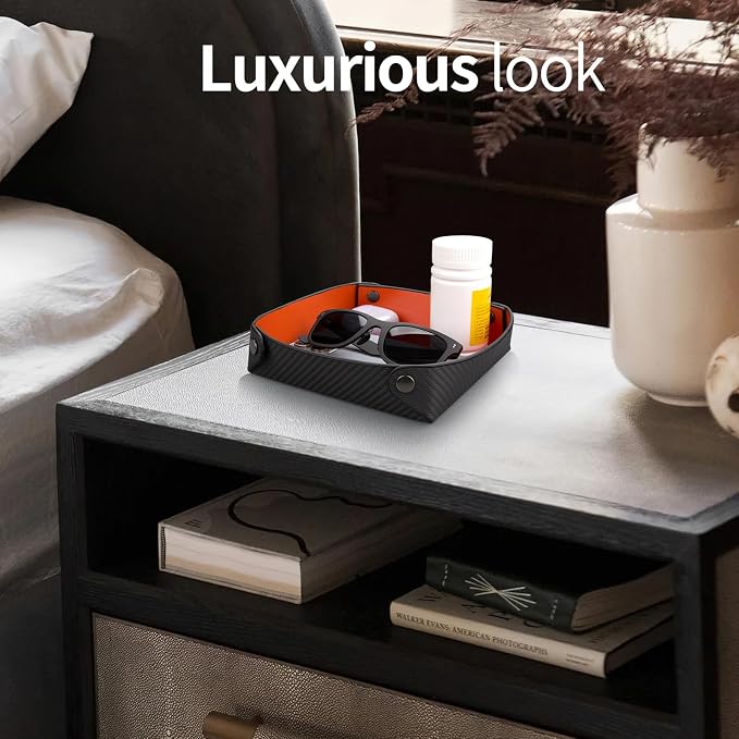 Leather Carbon Fiber Desktop Storage Tray, Decorative Catchall Organizer for Keys, Wallet, Watch, Jewelry, Entryway Table