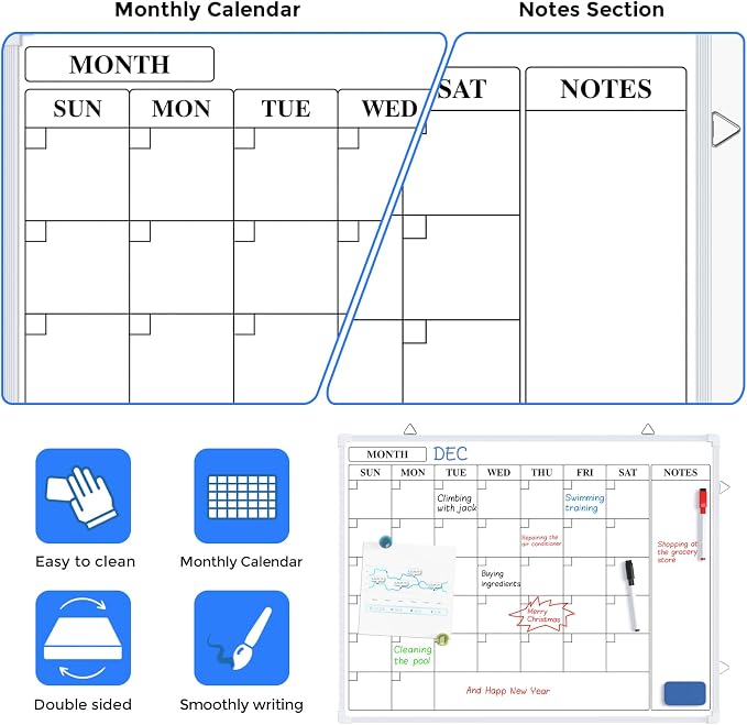 MaxGear Monthly Calendar Dry Erase Board for Wall, 24"x18", Aluminum Frame | Double-sided, magnetic surface, Includes 6 Markers & 6 Magnets, portable for Planning, Memo, to Do List, Home Office Kitchen