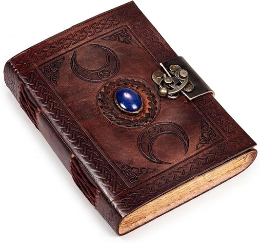 cuero 3 Moon Blue Lapis Embossed Vintage Leather Journal | 240 Pages of Antique Handmade Deckle Edge Vintage Paper, Leather Sketchbook, Drawing Journal, Great Gift (9 inch 12 inch, brown) [Spiral-bound]