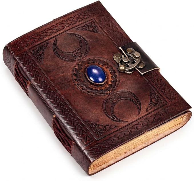 cuero 3 Moon Blue Lapis Embossed Vintage Leather Journal | 240 Pages of Antique Handmade Deckle Edge Vintage Paper, Leather Sketchbook, Drawing Journal, Great Gift (6 inch by 8 inch, brown)