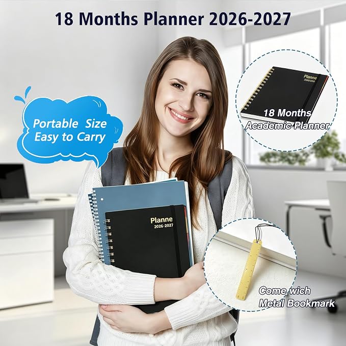 Daily Planner 2026-2027, 18 Month Planner with Tabs, July 2026 - December 2027 Weekly and Monthly Agenda Year Calendar Spiral Time Management, 100GSM Thick Paper, Twin-Wire Binding, A5 Size, Black