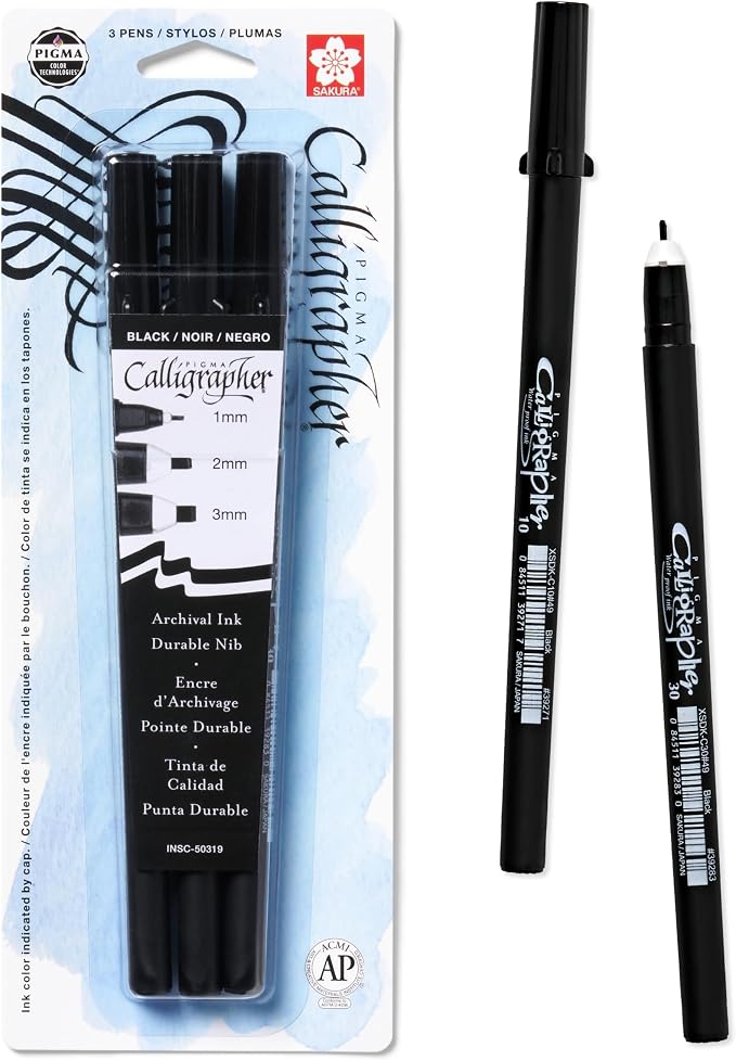 SAKURA 50319 3-Piece Pigma Blister Card Calligrapher Pen Set, Black