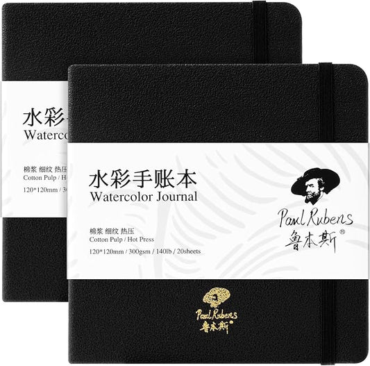 Paul Rubens Square Watercolor Journal 2 Pack 40 Sheets, 100% Cotton Acid-Free Hot Press Watercolor Sketchbook 4.72 * 4.72 Inches, 140lb/300gsm for Watercolors, Gouache, Acrylics