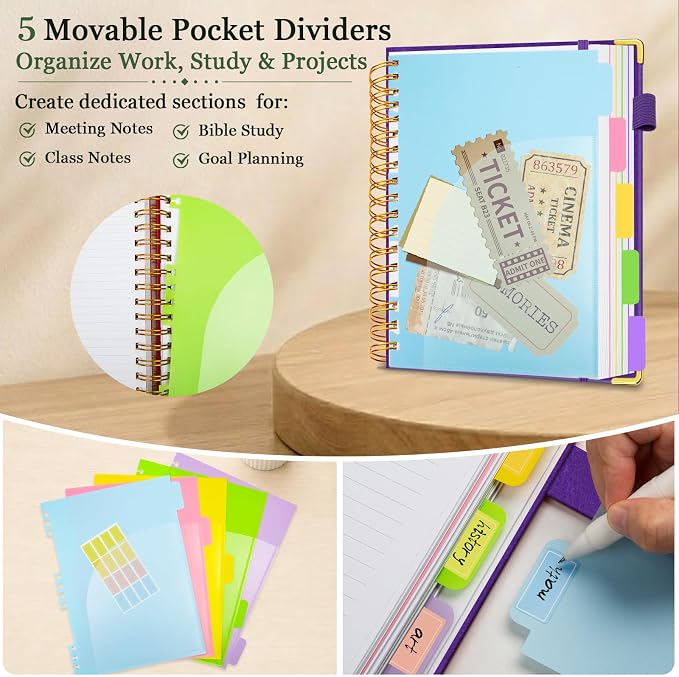 Hardcover Spiral Notebook 8''x 10'' College Ruled Notebook with Magnetic Closure, 300 Pages 5 Subject Notebooks with Pocket Dividers for Work School, B5 Leather Journal for Women, Men (Purple)