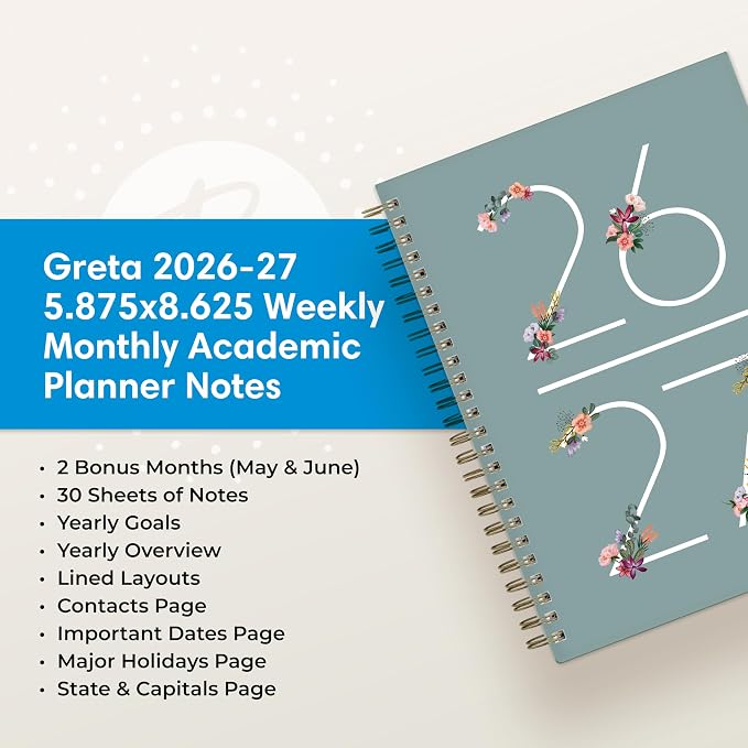 Blue Sky 2026-2027 Weekly & Monthly Academic Planner, 5.875"x8.625", Greta | July 2026 - June 2027, Flexible Cover, Wirebound, Laminated Tabs, Extra 30 Sheets of Notes, Academic Year