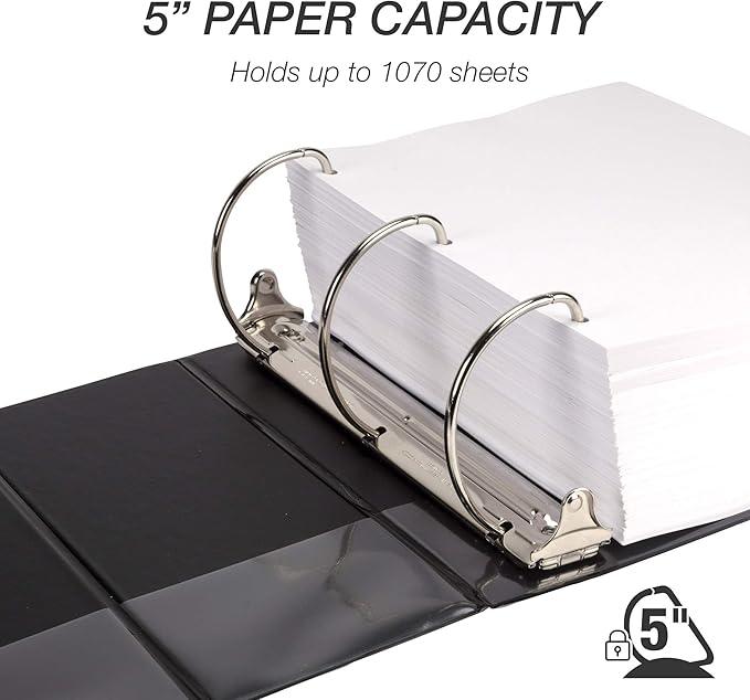 Samsill Durable 5 Inch 3 Ring Binder, D Ring Binder, Customizable Clear View, Black, Holds 1070 Pages