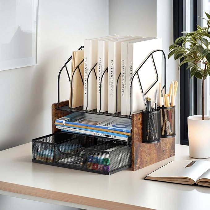 Desk Organizer with Drawer, Desktop File Organizer and Paper Tray Organizer with Vertical File Holder, Office Desk Accessories for Mail, Documents, Papers, Notebooks and Home Office Storage