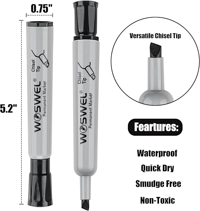 WOSWEL 100 Pack Permanent Markers Bulk, Chisel Tip, Black, Jumbo Thick Large Permanent Markers, Wide Tip Markers, Works on Plastic,Wood,Stone,Metal and More, Perfect for Signs and Posters