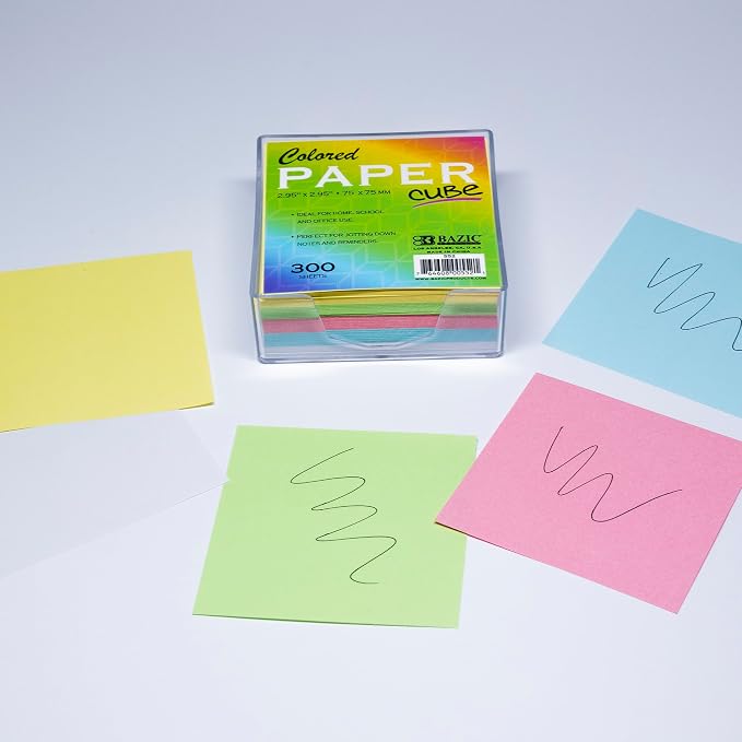 BAZIC Products Color Paper Cube with Tray, 300 Sheets, 2.95 in, 36-Case | 300-sheet color paper cube, 2.95 x 2.95 in (75 x 75 mm), clear holder tray for quick notes and reminders