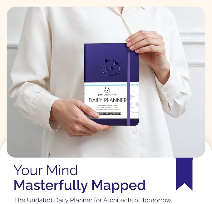 Panda Planner Classic A5 Undated Daily Planner 2026-2027, 8.25x5.75 Purple | Hourly schedule, to do list, habit tracker, gratitude journal, quarterly layout, 100 GSM paper