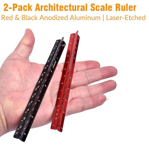 6 Inch Architectural Scale Ruler, Laser-Etched Aluminum Triangular Ruler Set (Red & Black) - Imperial Scale for Architects, Engineers, Students & Draftsmen - 2-Pack