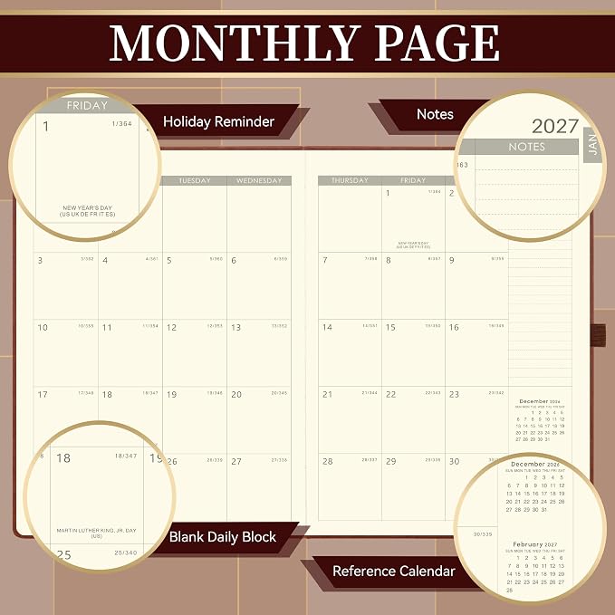 Vondafe 2027 Planner Weekly and Monthly, Jan. 2027 - Dec. 2027, 9" x 11" | Inner Pocket + Elastic Closure + Pen Loop + Bookmarks, Leather Hardcover, Brown, Calendar Planner 2027 for office planning