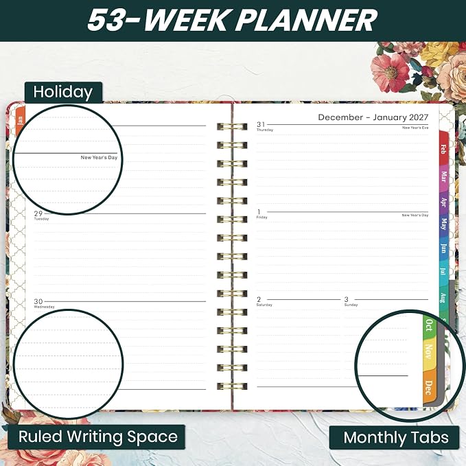 2027 Planner - Jan. 2027 - Dec. 2027, Calendar Monthly Planner 2027 Spiral Bound, 6.3" x 8.4", 2027 Planner Weekly and Monthly with Hardcover, 12 Monthly Tabs, Thick Paper, Pocket