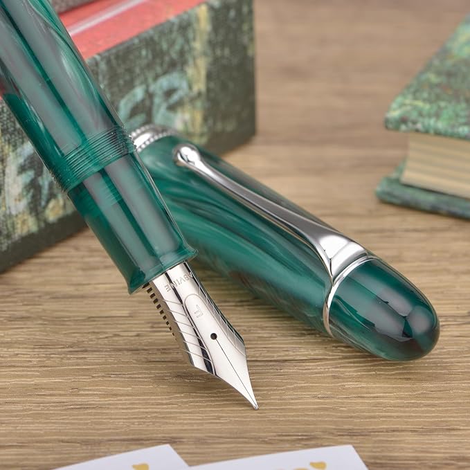 Asvine V800 Fountain Pen – Vacuum Filling System with Large Ink Capacity – Smooth Number 8 Fine Nib with Gift Case and Wrench- Green Acrylic
