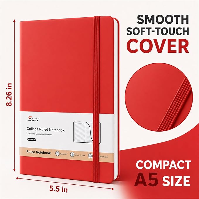 SUIN Hardcover-Journal-Notebooks, A5 Lined Journals Notebook for Writing 200 Pages, 8.2 x 5.5 inch, Classic Ruled Notebooks for Work/Travel/College (Red- 1 Pack)