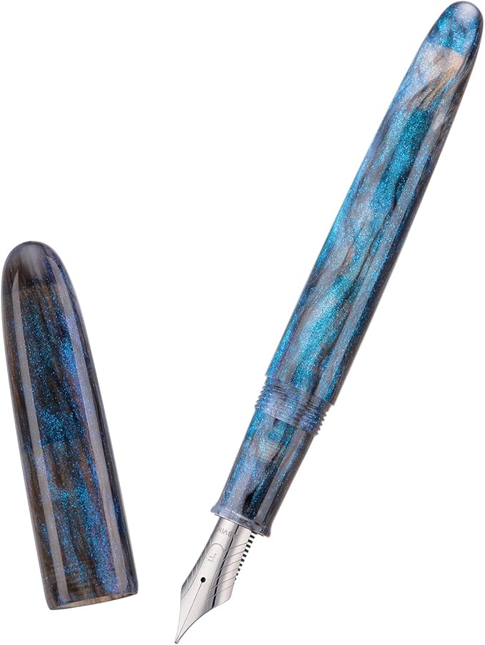 Asvine C80 Fountain Pen #8 Extra Fine Nib Large Handcraft Pen with Converter Pen Box Collection Set (Light Blue Glitter)