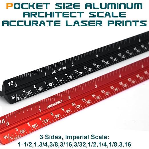 6 Inch Architectural Scale Ruler, Laser-Etched Aluminum Triangular Ruler Set (Red & Black) - Imperial Scale for Architects, Engineers, Students & Draftsmen - 2-Pack