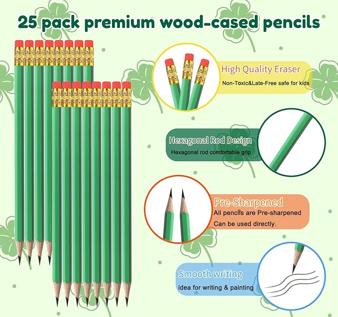 Adhere 25pcs Woodcase Pencils with Eraser Premium Pre-Sharpened Hexagon Graphite 2B pencils ideal for home, office writing including a Free Sharpener (Light green・25pcs)