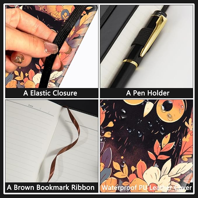 A5 Leather Lined Journal Notebook, 200 Pages Hardcover Executive Notebook for Men Women Office School Note Taking, Thick Writing Paper Daily Journal with Bookmarks/Indexes, Flower Owl