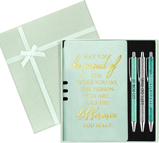 Resurhang 5 Pcs Employee Appreciation Gift Leather Journal Notebook 3 Ballpoint Pens with Box Thank You Gift for Nurse Volunteer Teacher Secretary Assistant Coworker Women(Green)