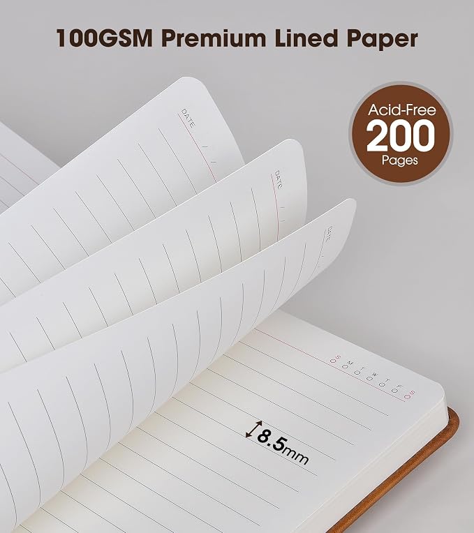 Lined Journal Notebook with Pen, A5 Personalized Hardcover Leather Journal for Men Women, 200 Pages 100 GSM Thick Paper College Ruled Notebooks for Work Travel School Writing Diary 5.9" X 8.4" Brown