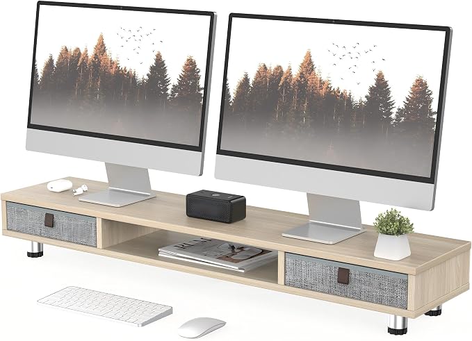 Fenge Dual Monitor Stand, 2-Tier Desk Organizer with Drawers, 42.5in, Oak | Monitor Riser with Storage, Ergonomic Height Adjustable Computer Stand, Desk Shelf for Top of Desk, Laptop, PC, TV