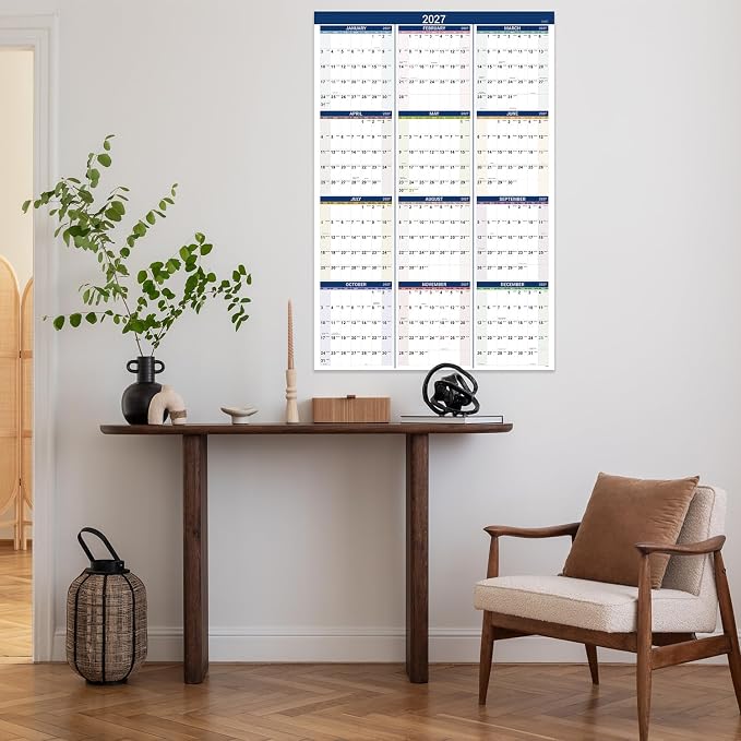 2027 Yearly Wall Calendar - Calendar 2027,Jan 2027 - Dec 2027, Yearly Planner, 34.3" x 22.8"(Open), Large Wall Calendar 27 with Premium Paper, Double-Sided Small Round Sticks, Azure