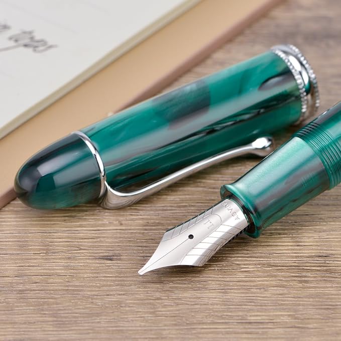 Asvine V800 Fountain Pen -Vacuum Filling System with Large Ink Capacity-Number 8 Stub Nib 1.1mm Calligraphy Art Drawing with Wrench - Green Acrylic