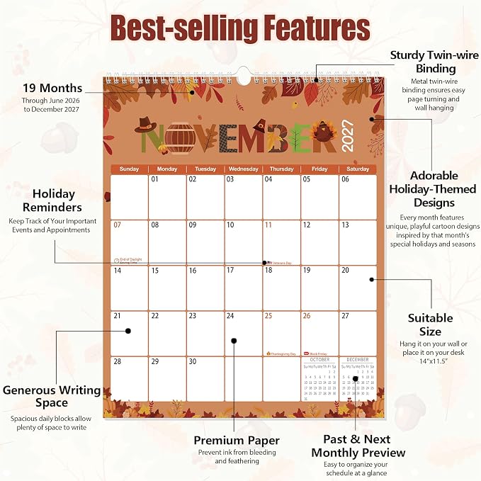 GuassLee Wall Calendar 2026-2027, Vertical Wall Calendar 2026, Jun. 2026 to Dec. 2027, 14" X 11" 19-Month Paper Hanging Planner Wall with Thick Paper for Office Home Planning & Organizing