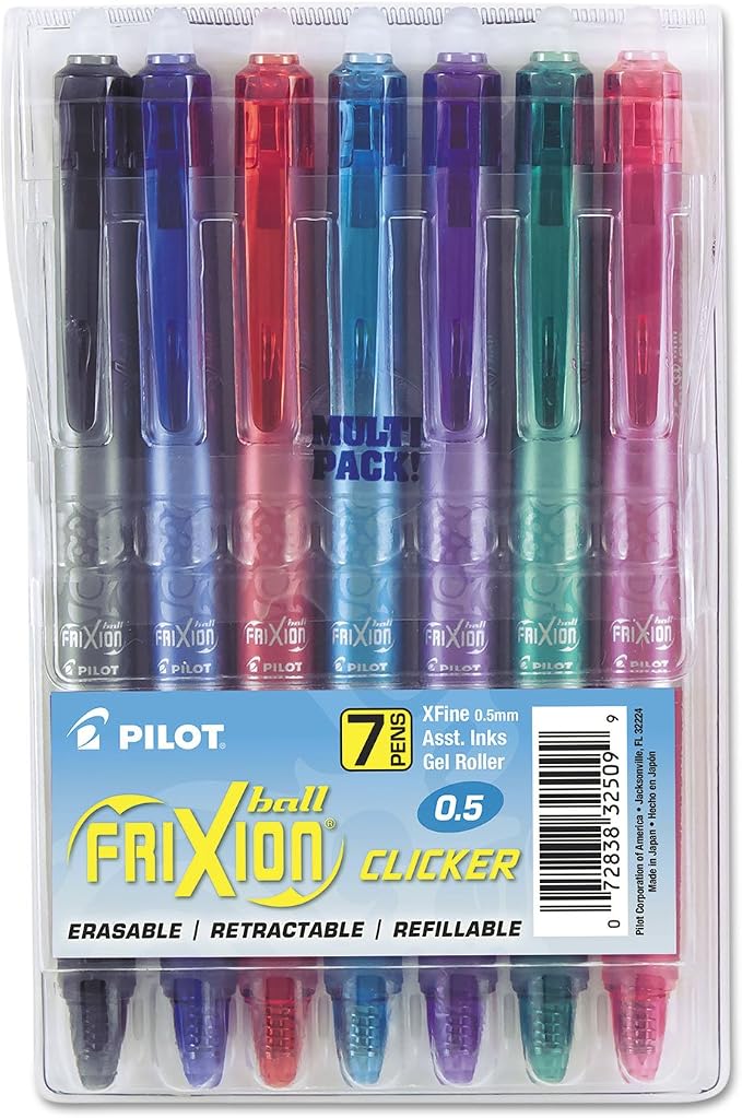 Pilot FriXion Clicker Erasable, Refillable & Retractable Gel Ink Pens Extra Fine Point 0.5mm, Erasable Pens, Multicolor Inks, 7-Pack