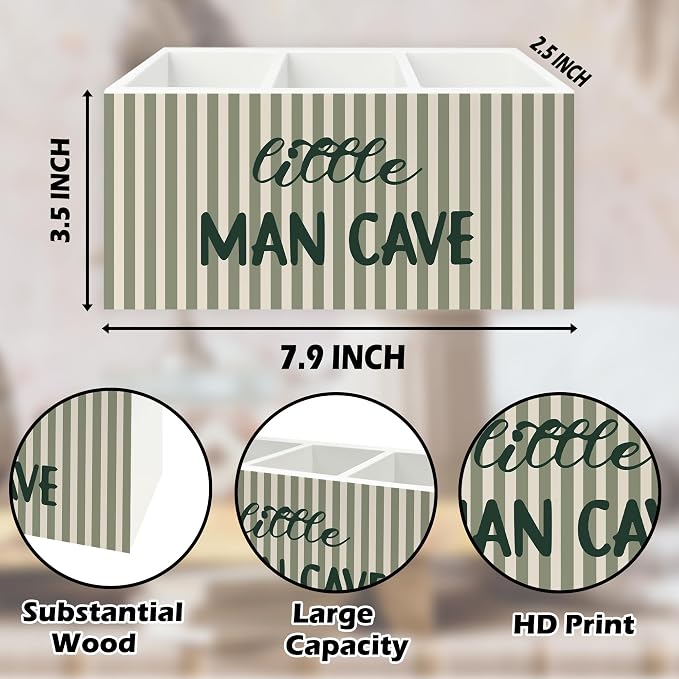 Boy Nursery Decor Pen Pencil Holder Organizer for Desk, Sage Green Striped Little Man Cave Wooden Box Signs Decorations for Kids Boys Room Bedroom Playroom Desk Tabletop, Boys Room Decor