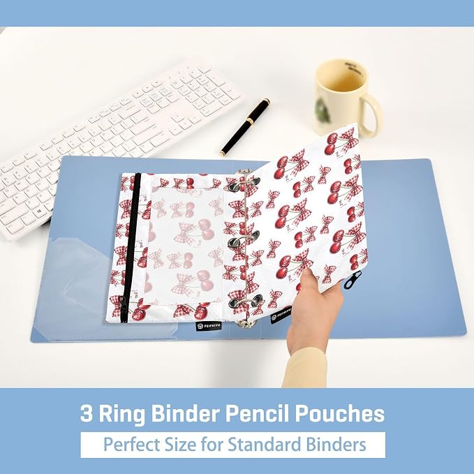 Gredecor 3 Ring Binder Pencil Pouch, Cherry Coquette Ribbon Bow (38) Zippered Pen Case Pouches with Clear Window, 2 Pack Stylish Office & School Supplie