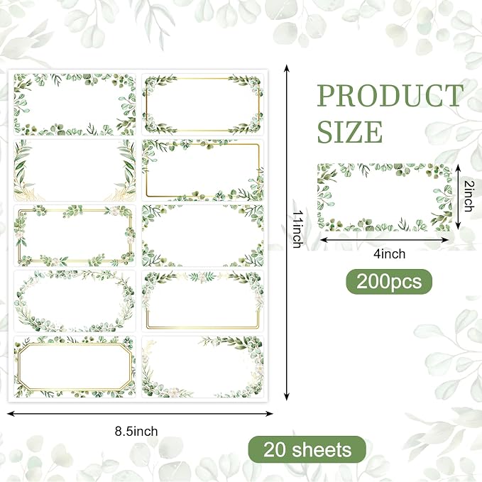 JarThenaAMCS Eucalyptus Address Label Stickers Wedding Greenery Leaves Printable Mailing Labels Self-Adhesive Name Sticker Gift Tag for Baby Shower Mailing Package Office Printer, 200 Pcs, 2 x 4 Inch