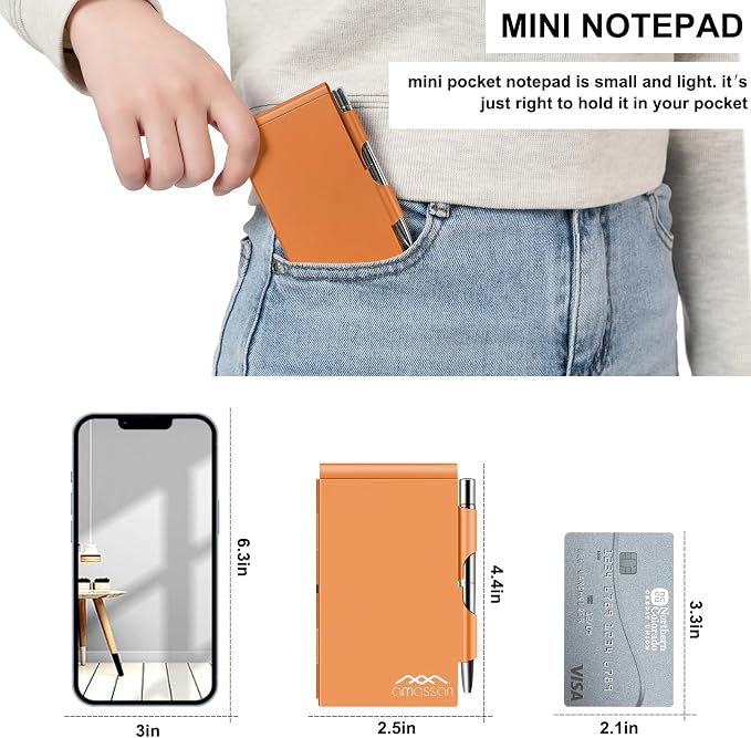 amassan Metal Small Notebook, Mini Notepad, Small Pocket Notepad Aluminum Note Case with Mini Metal Pen and 60-Page Sheets - Memo Books Note Pads(Orange)