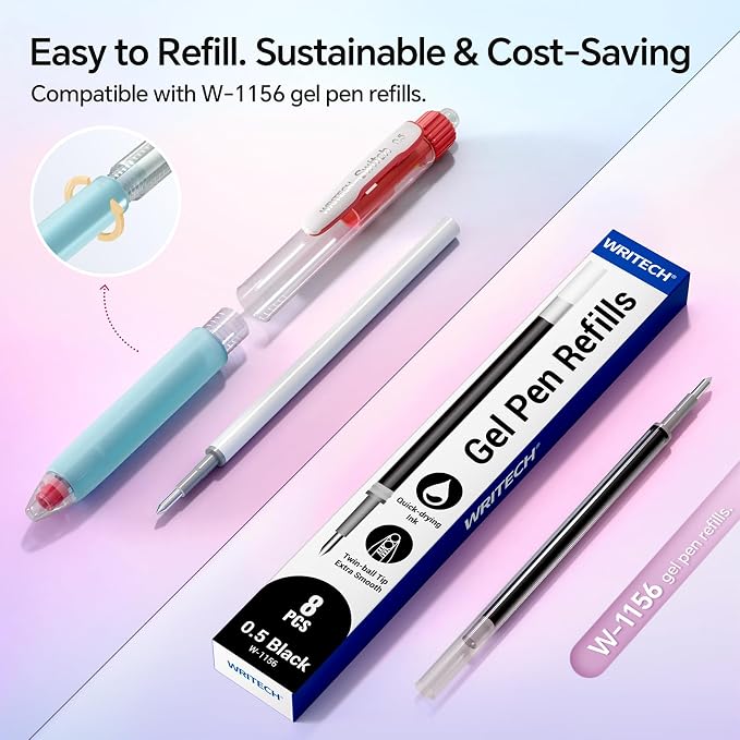 WRITECH Switch Gel Ink Pens: 0.5mm Black Ink Pen Retractable Silent and Clicky Soft Grip Fine Point Pen for Journaling Smooth Writing Quick-dry No Bleed 5ct