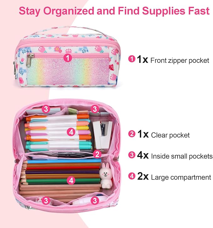 Large Pencil Case for Girls - Aesthetic Pencil Pouch for School | Kids Pencil Case & Wide Handle, Water Resistent Organizer Box,Fits 50 Pens & Markers, Daily Use, Floral Butterfly