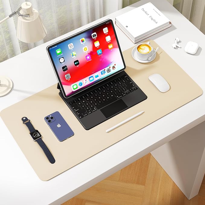 Leather Desk Pad Protector, Waterproof Mouse Pad, PU Desk Mat, Office Desk Cover, Desk Writing Mat for Office/Home/Work/Cubicle (Eggshell) 23.6x13.7 in