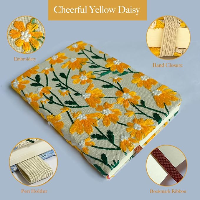 Daisy Gift, Flower Journal, Embroidered Notebook, Beautiful Journals for Women, 8"x6", Hardcover, Lay Flat, A5, Lined Paper, Wide Ruled Page, Writing Journal, Yellow Daisy, with Elastic Band