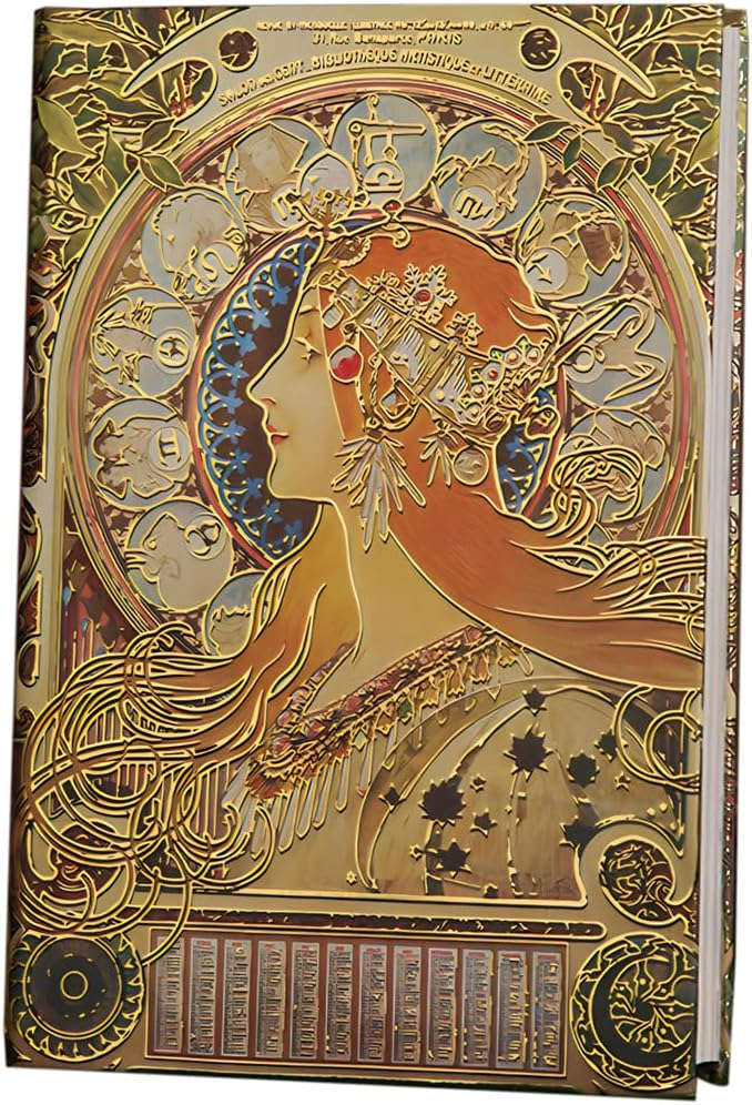 Exclusive Personal Journal for Women, Gilded Hardcover Notebook, 256 Full Color Pages, 5x7 Small Fancy Notebook, Alphonse Mucha Zodiac, Unique Gift for Her Diary.